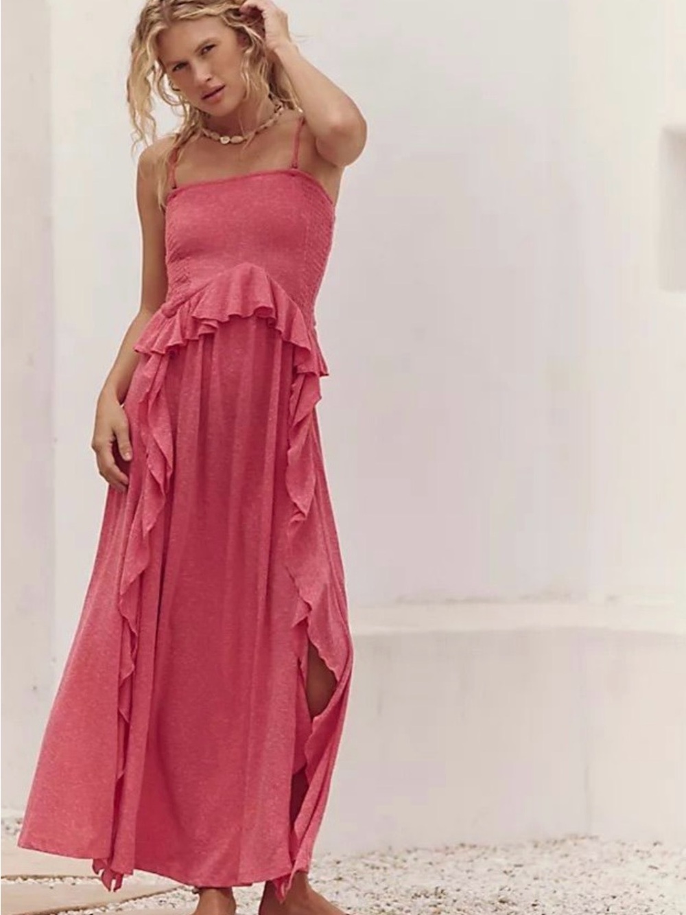 Free People Rose Pink Smocked Ruffle Maxi Dress